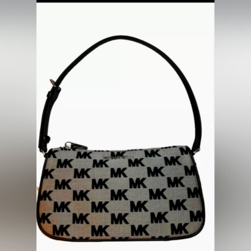NWT MICHAEL KORS JET SET BLACK BEIGE MD POUCHETTE SHOULDER BAG